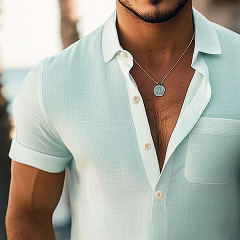 Men's Smmer Basic Polo Collar Textred Short-sleeved T-shirt - Image 4