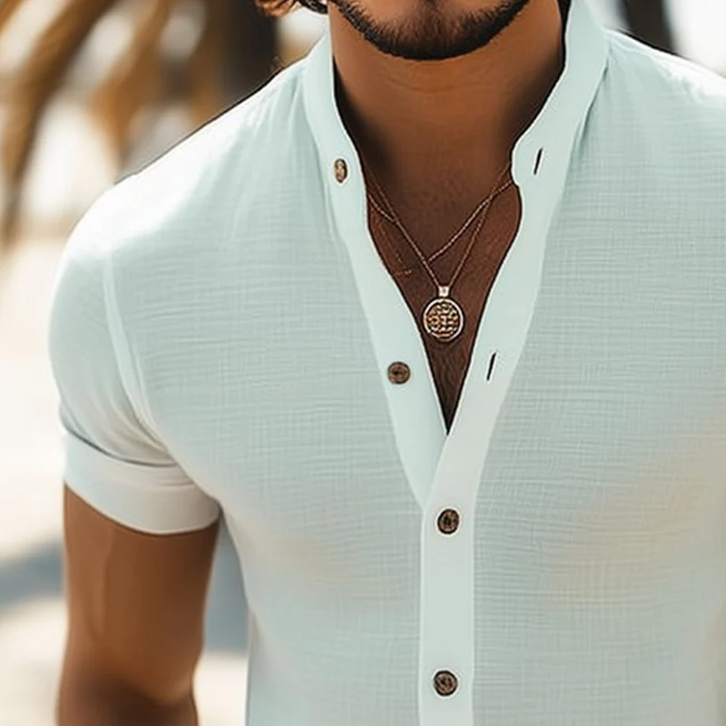 Men's Smmer Basic Stand Collar Textred Short Sleeve ShirtTAF - Image 8