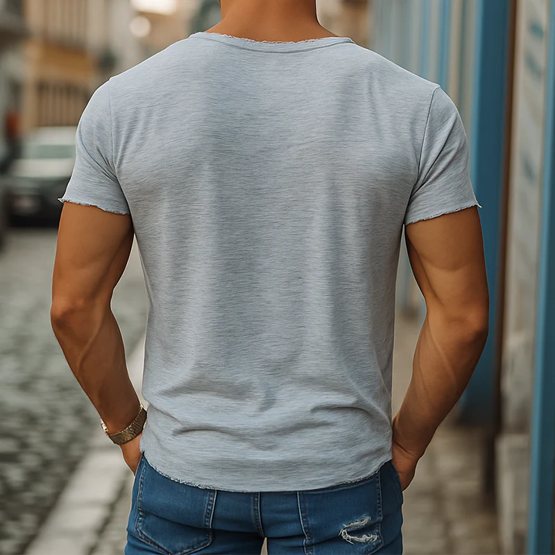Men's Smmer Casal Heathered Cotn Blended V-Neck Raw Edge Short Sleeve T-ShirtK - Image 2