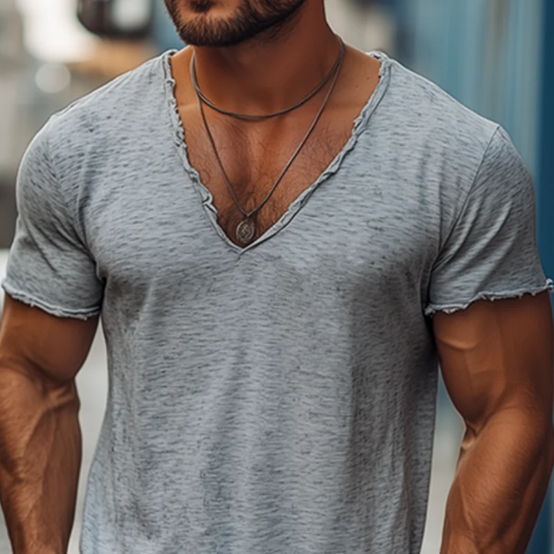 Men's Smmer Casal Heathered Cotn Blended V-Neck Raw Edge Short Sleeve T-ShirtK - Image 3