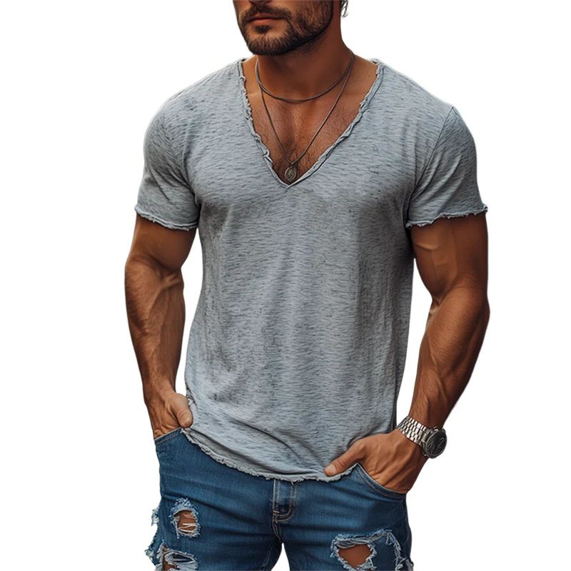 Men's Smmer Casal Heathered Cotn Blended V-Neck Raw Edge Short Sleeve T-ShirtK - Image 5