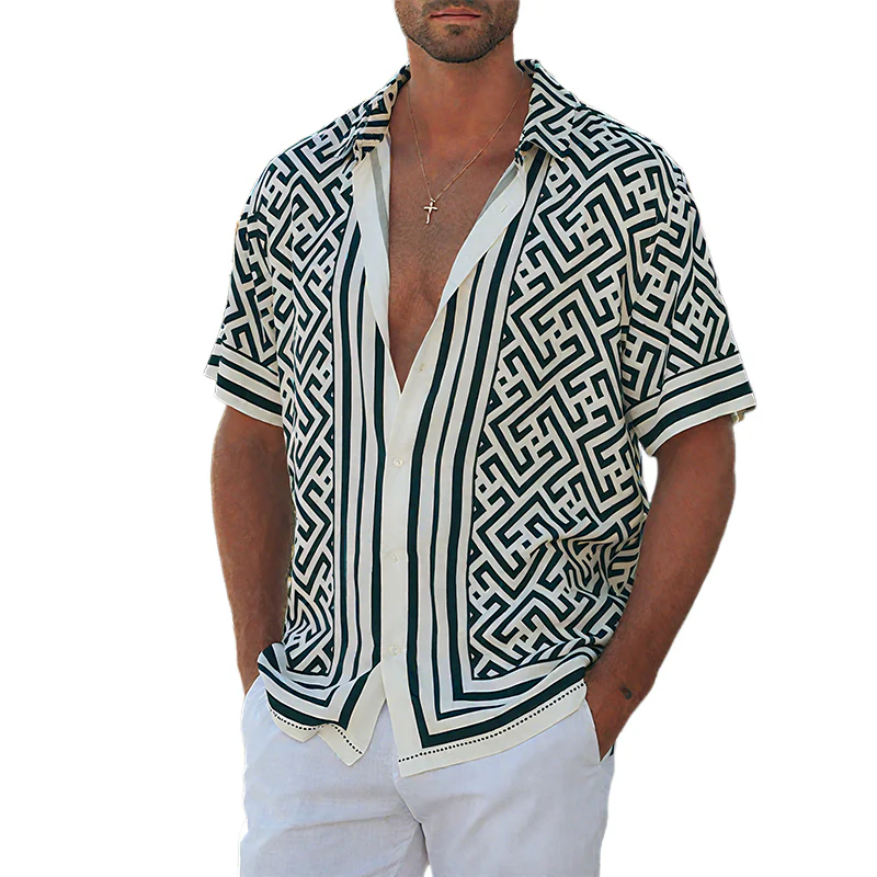 Men's Smmer Casal Tencel Cotn Printed Lapel Short Sleeve ShirtK - Image 6