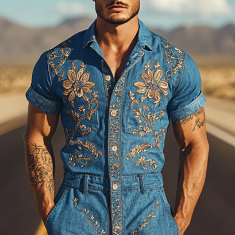 Men's Smmer Fashion Casal Classic Western Style Tencel DeniEmbroidered Jmpsit - Image 4