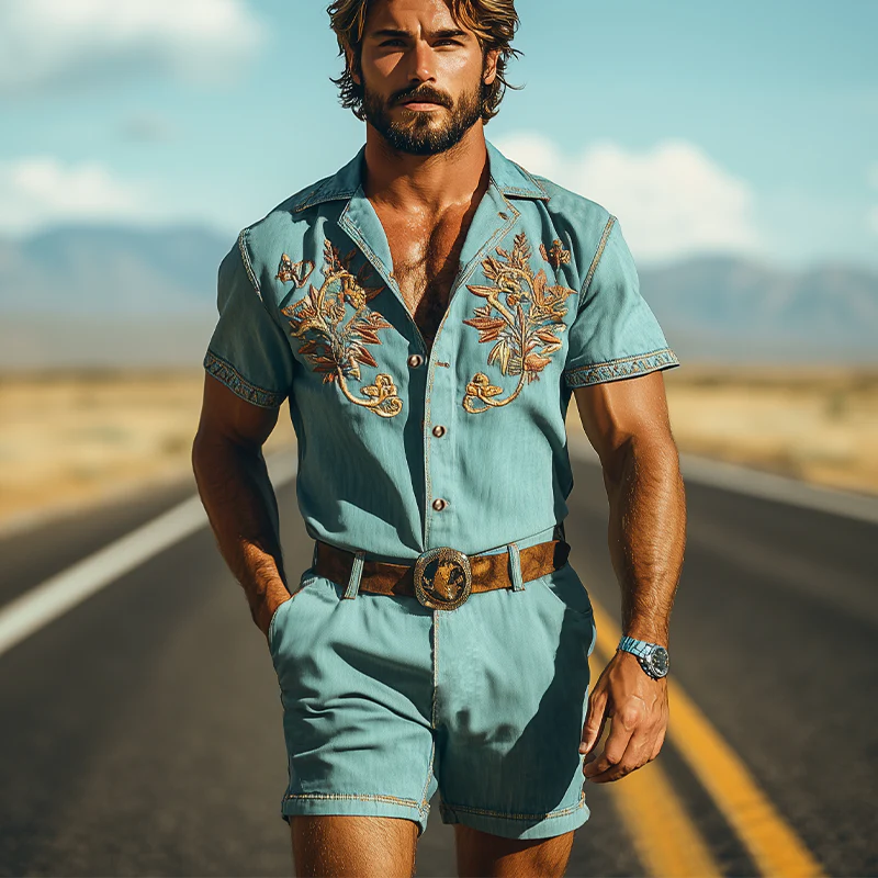 Men's Smmer Fashion Casal Retro Western Style Tencel DeniEmbroidery Jmpsit (Withot Belt) - Image 3