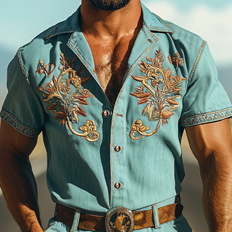 Men's Smmer Fashion Casal Retro Western Style Tencel DeniEmbroidery Jmpsit (Withot Belt) - Image 4