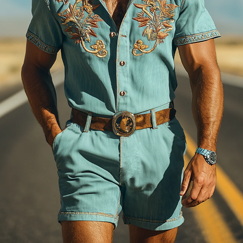 Men's Smmer Fashion Casal Retro Western Style Tencel DeniEmbroidery Jmpsit (Withot Belt) - Image 5