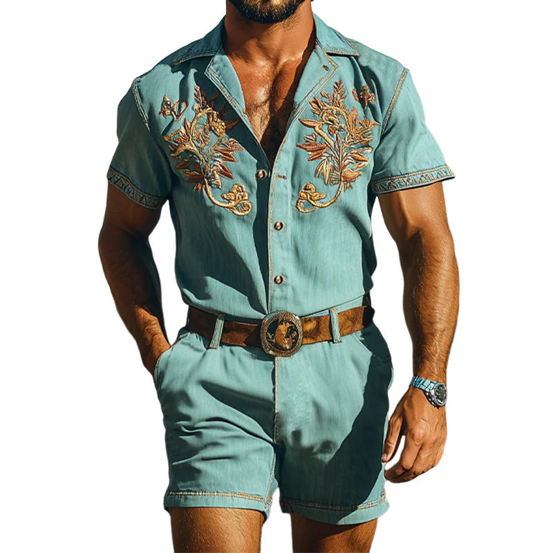 Men's Smmer Fashion Casal Retro Western Style Tencel DeniEmbroidery Jmpsit (Withot Belt) - Image 8