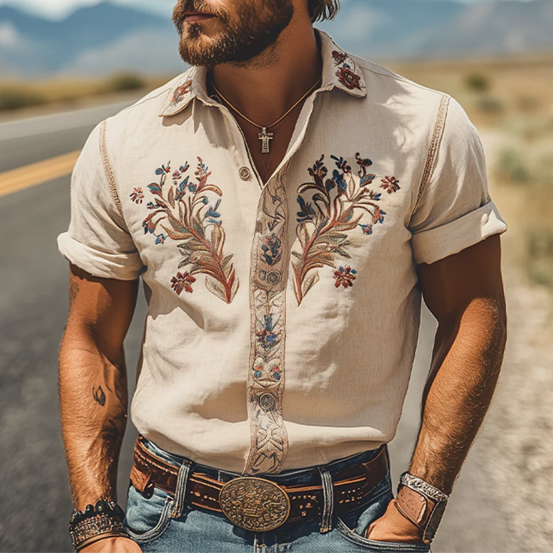 Men's Smmer Fashion Classic Retro Western Style Embroidered Cotn and Linen Short Sleeve Shirt - Image 2