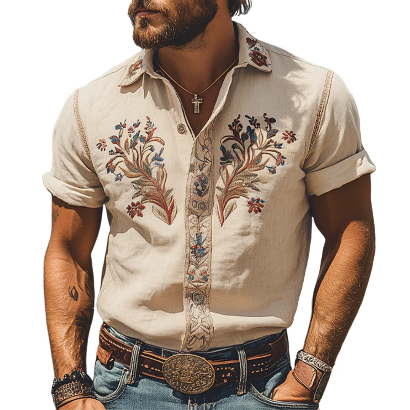 Men's Smmer Fashion Classic Retro Western Style Embroidered Cotn and Linen Short Sleeve Shirt - Image 5