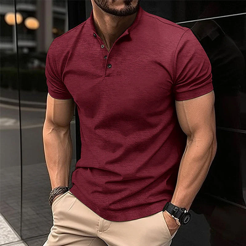 Men's Solid Color Btn Henley Neck Sports Polo Shirt - Image 3