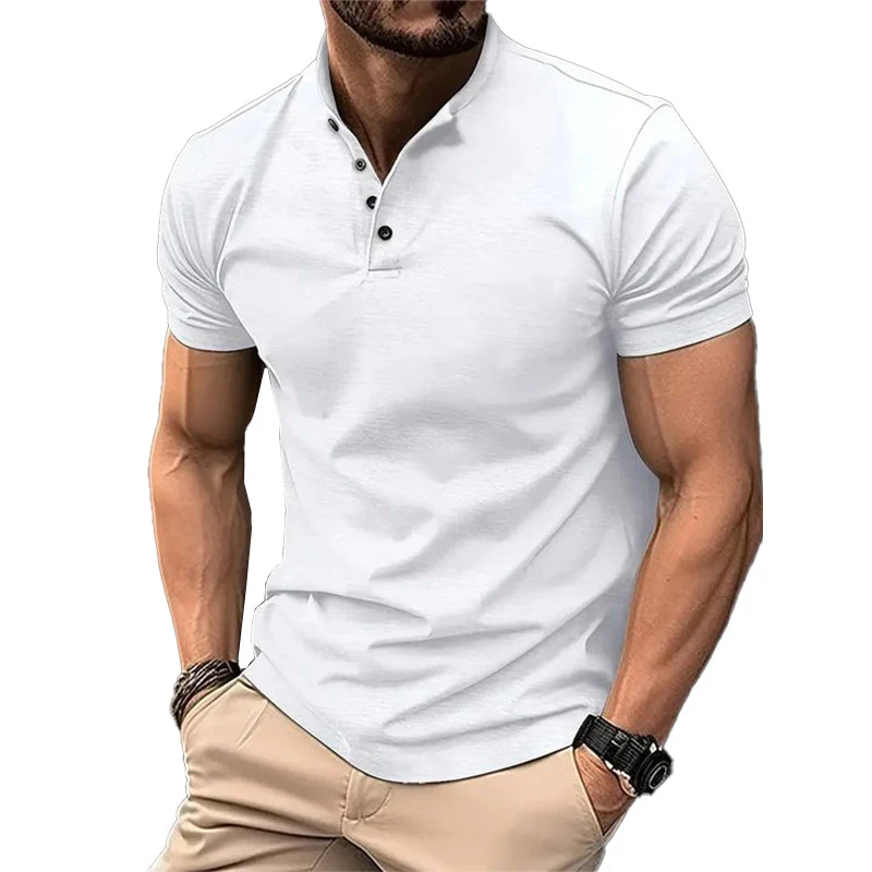 Men's Solid Color Btn Henley Neck Sports Polo Shirt - Image 4