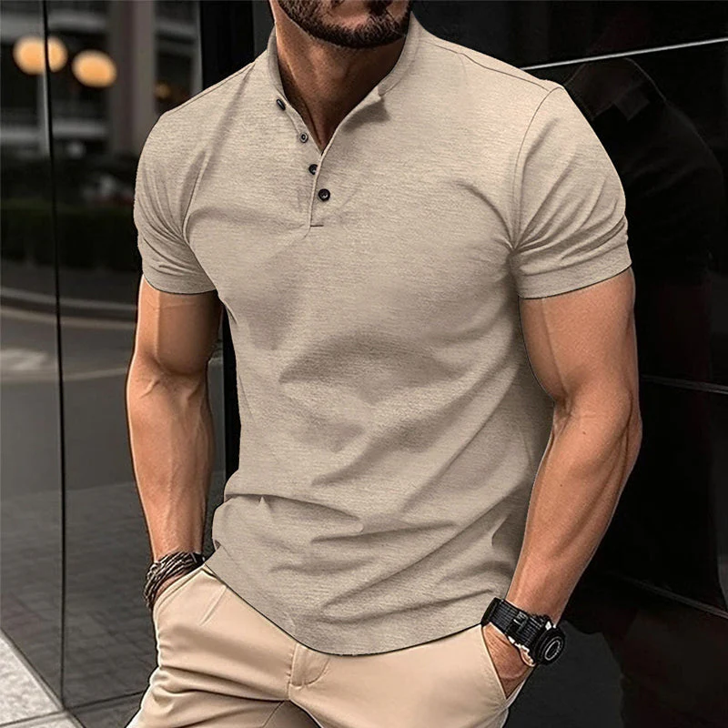 Men's Solid Color Btn Henley Neck Sports Polo Shirt - Image 5