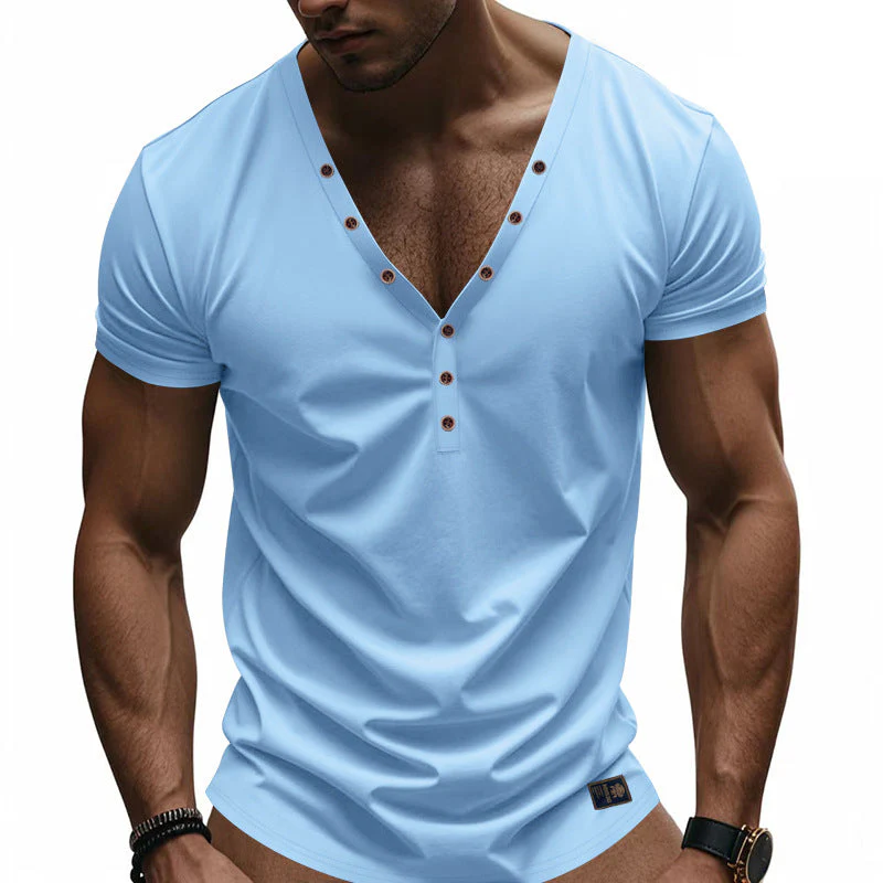 Men's Solid Color Cotn V-Neck Short Sleeve T-ShirtX - Image 2