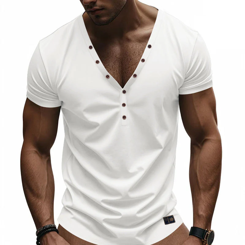 Men's Solid Color Cotn V-Neck Short Sleeve T-ShirtX - Image 4