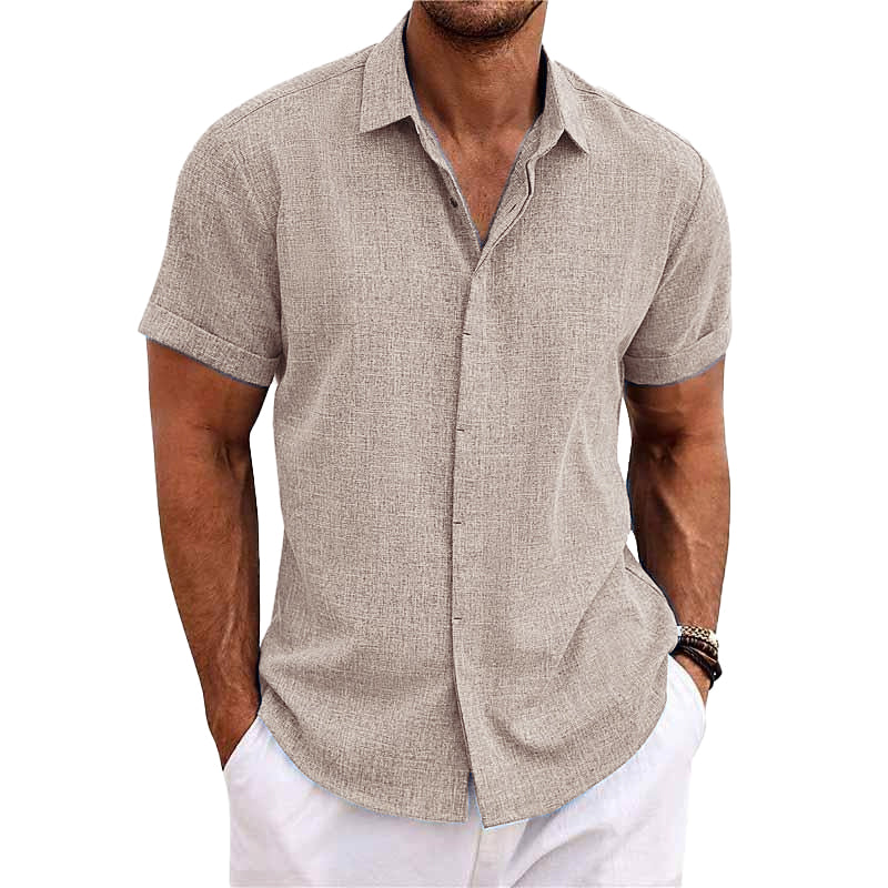 Men's Solid Color Lapel Cotn Linen Short Sleeve Shirt - Image 12