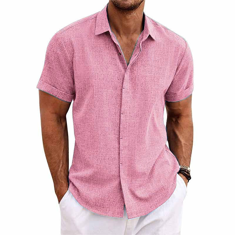 Men's Solid Color Lapel Cotn Linen Short Sleeve Shirt - Image 14