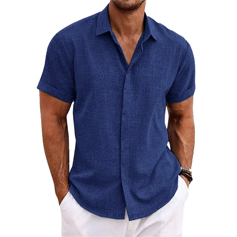 Men's Solid Color Lapel Cotn Linen Short Sleeve Shirt - Image 15