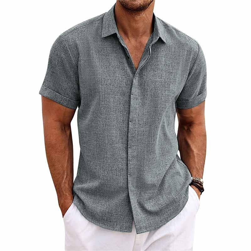 Men's Solid Color Lapel Cotn Linen Short Sleeve Shirt - Image 7