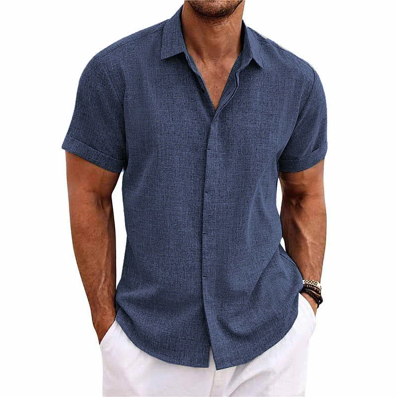 Men's Solid Color Lapel Cotn Linen Short Sleeve Shirt - Image 8