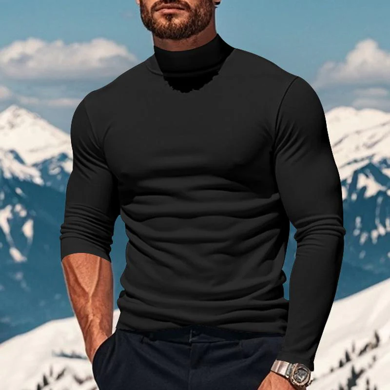 Men's Solid Color Plsh Half High Collar Long Sleeve T-shirt - Image 4