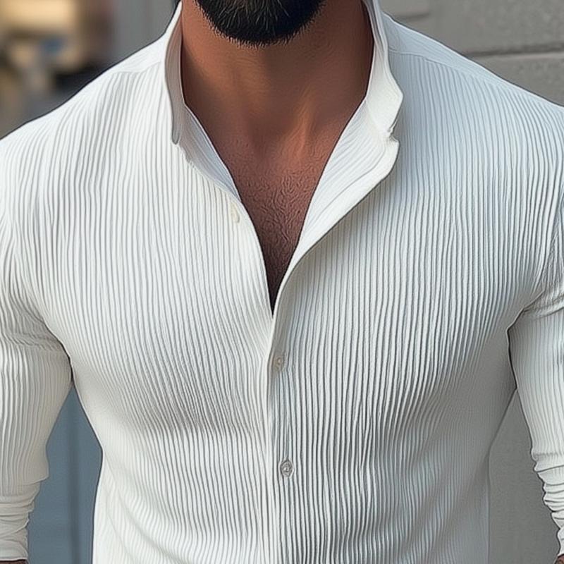 Men's Solid Color Stand Collar Long Sleeve Casal Shirt - Image 2
