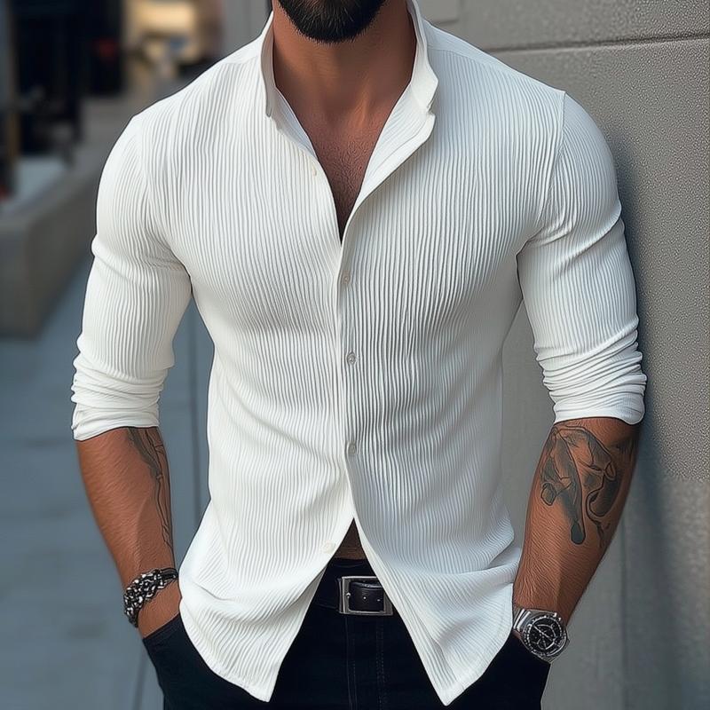 Men's Solid Color Stand Collar Long Sleeve Casal Shirt - Image 3
