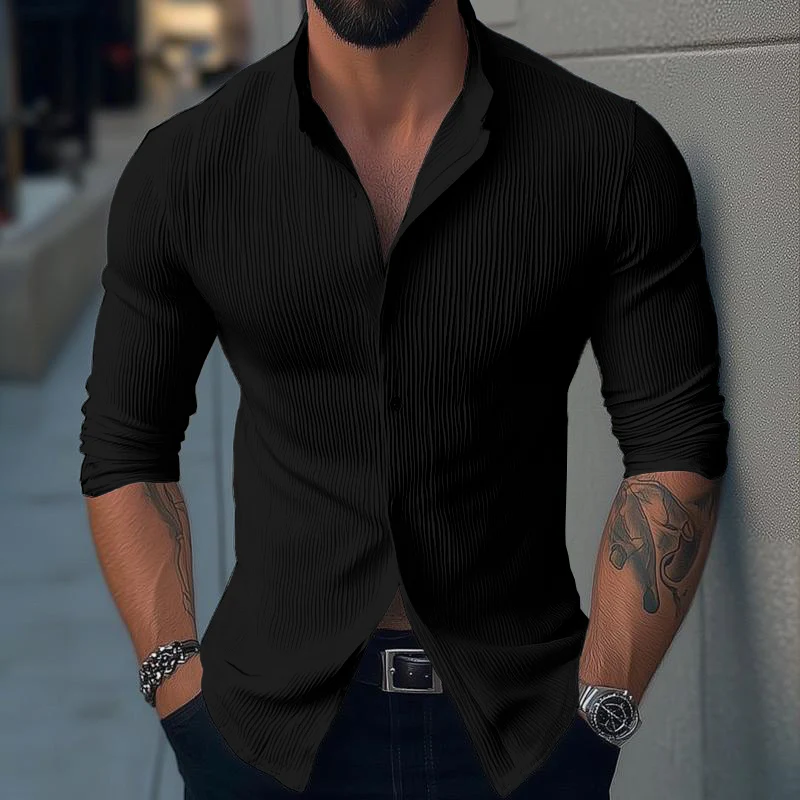 Men's Solid Color Stand Collar Long Sleeve Casal Shirt - Image 4