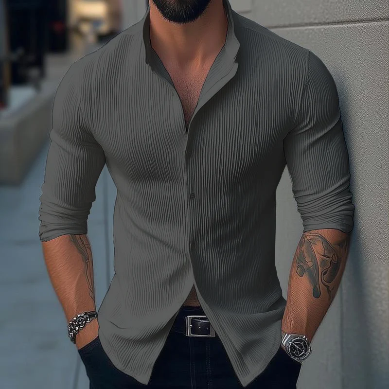 Men's Solid Color Stand Collar Long Sleeve Casal Shirt - Image 5