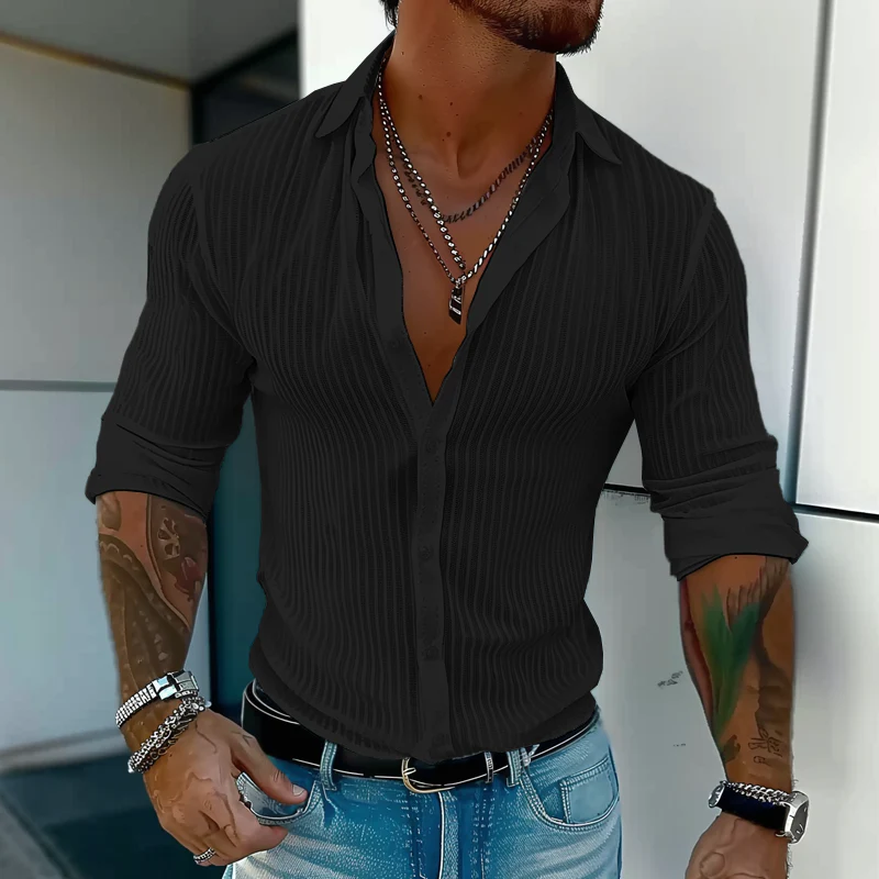 Men's Solid Color Striped Lapel Long Sleeve Shirt - Image 10