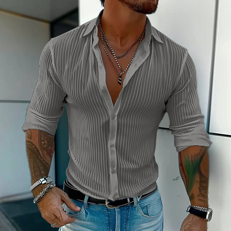 Men's Solid Color Striped Lapel Long Sleeve Shirt - Image 11