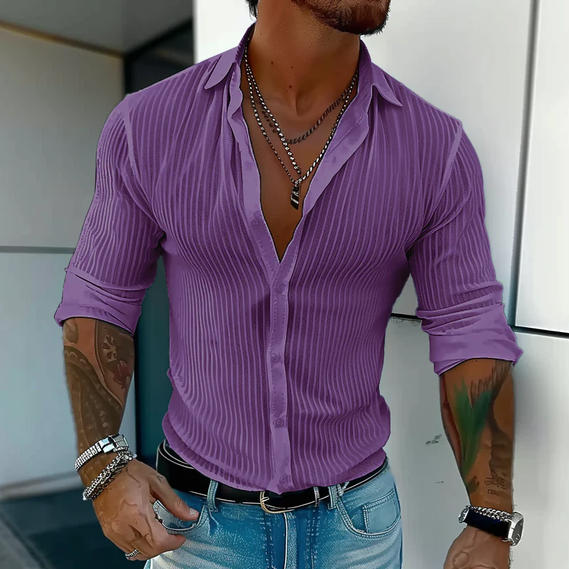 Men's Solid Color Striped Lapel Long Sleeve Shirt - Image 15