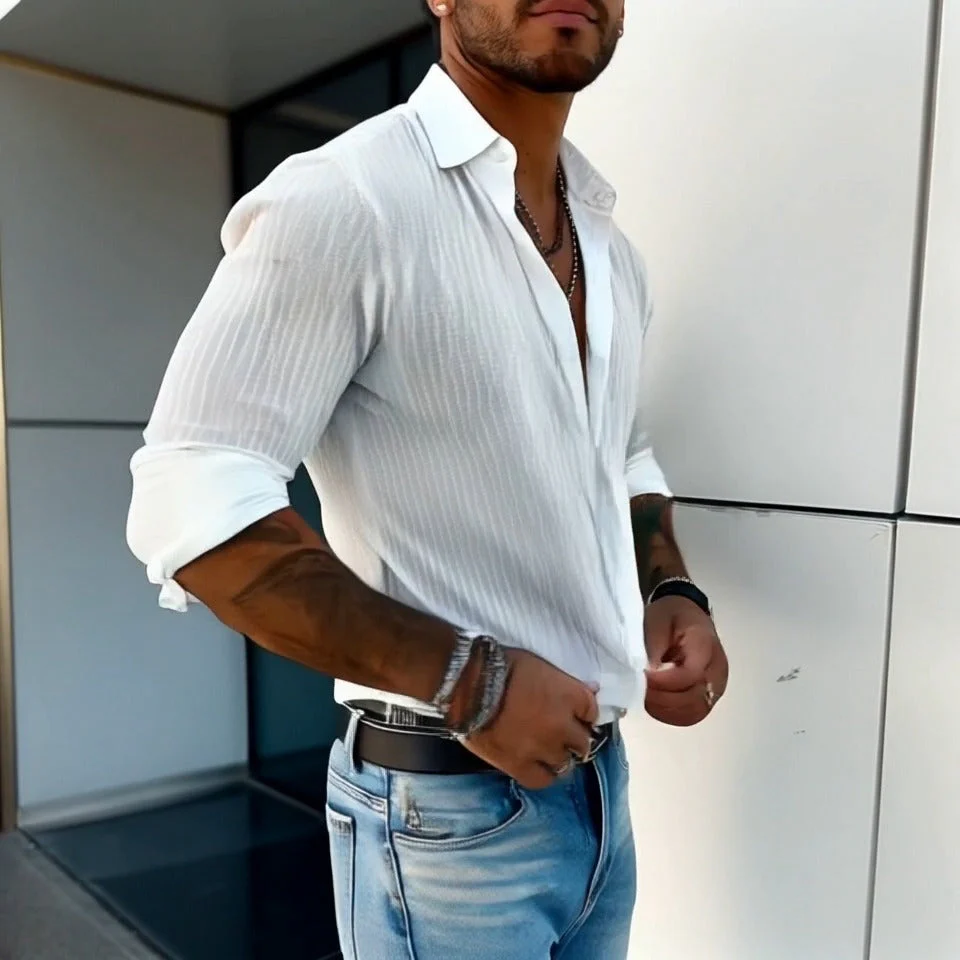 Men's Solid Color Striped Lapel Long Sleeve Shirt - Image 2