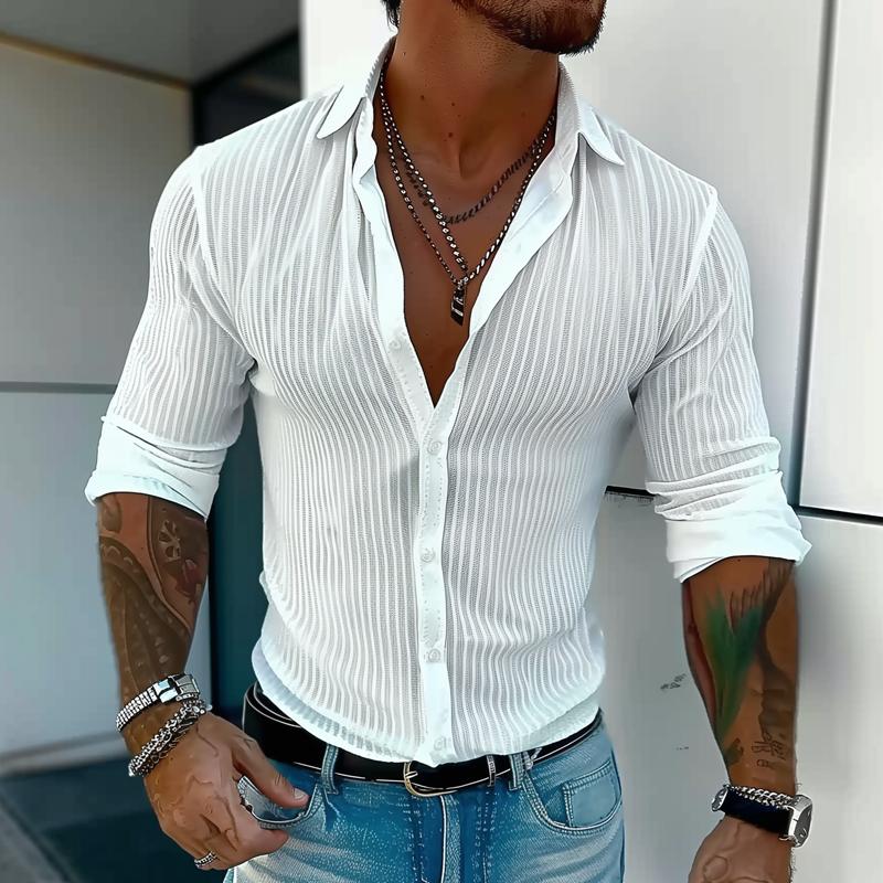 Men's Solid Color Striped Lapel Long Sleeve Shirt - Image 9