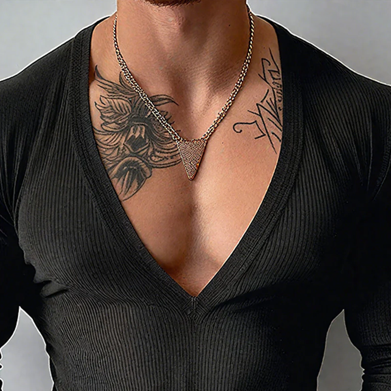 Men's Solid Color Striped V Neck Long Sleeve T-shirtZ - Image 2