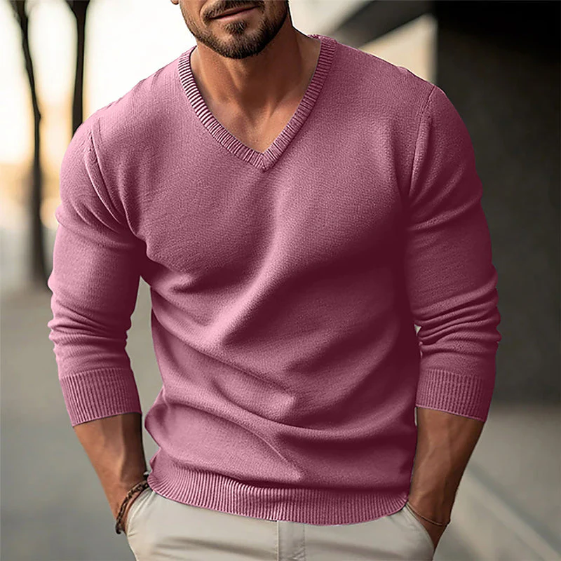 Men's solid color V-neck long-sleevednitted pllover sweater - Image 5