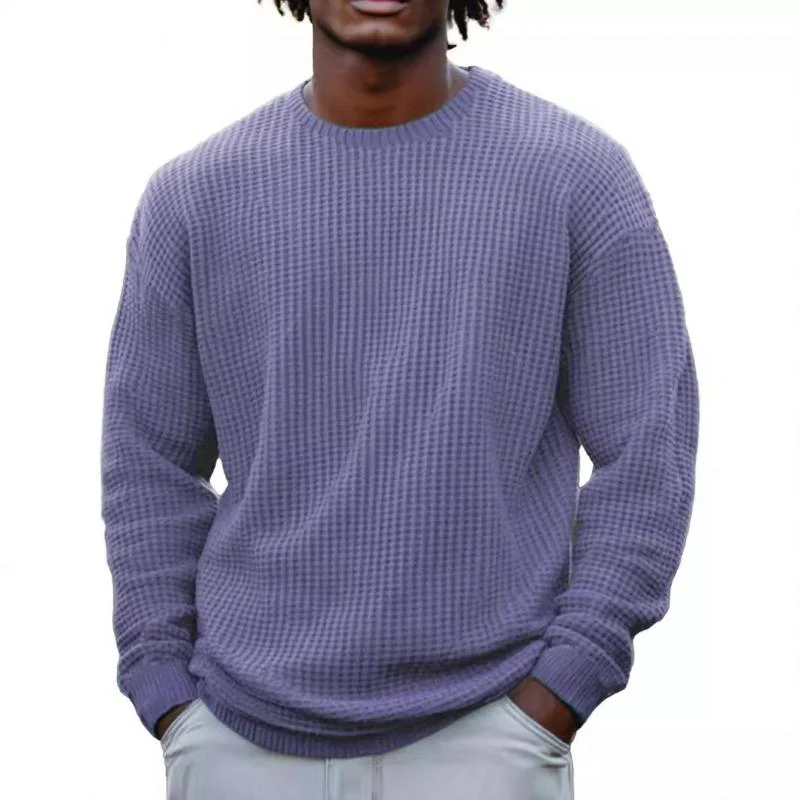 Men's Solid Color Waffle Rond Neck Long Sleeve Sweatshirt - Image 10