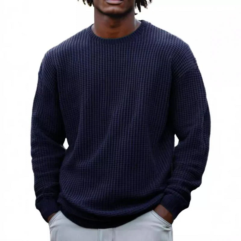 Men's Solid Color Waffle Rond Neck Long Sleeve Sweatshirt - Image 2