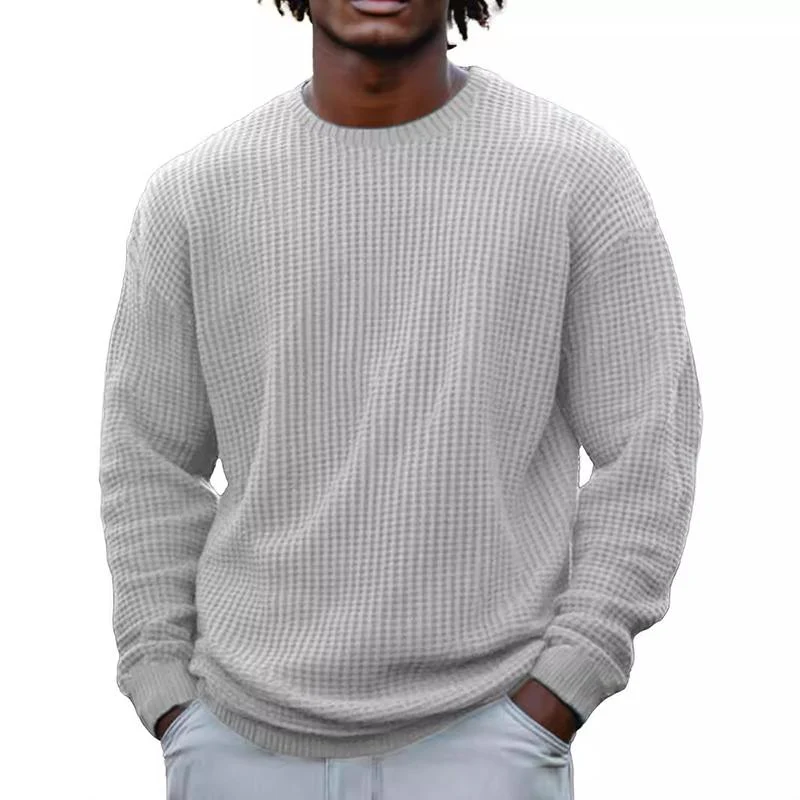 Men's Solid Color Waffle Rond Neck Long Sleeve Sweatshirt - Image 3