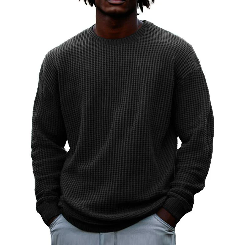 Men's Solid Color Waffle Rond Neck Long Sleeve Sweatshirt - Image 4