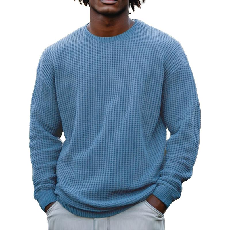 Men's Solid Color Waffle Rond Neck Long Sleeve Sweatshirt - Image 5