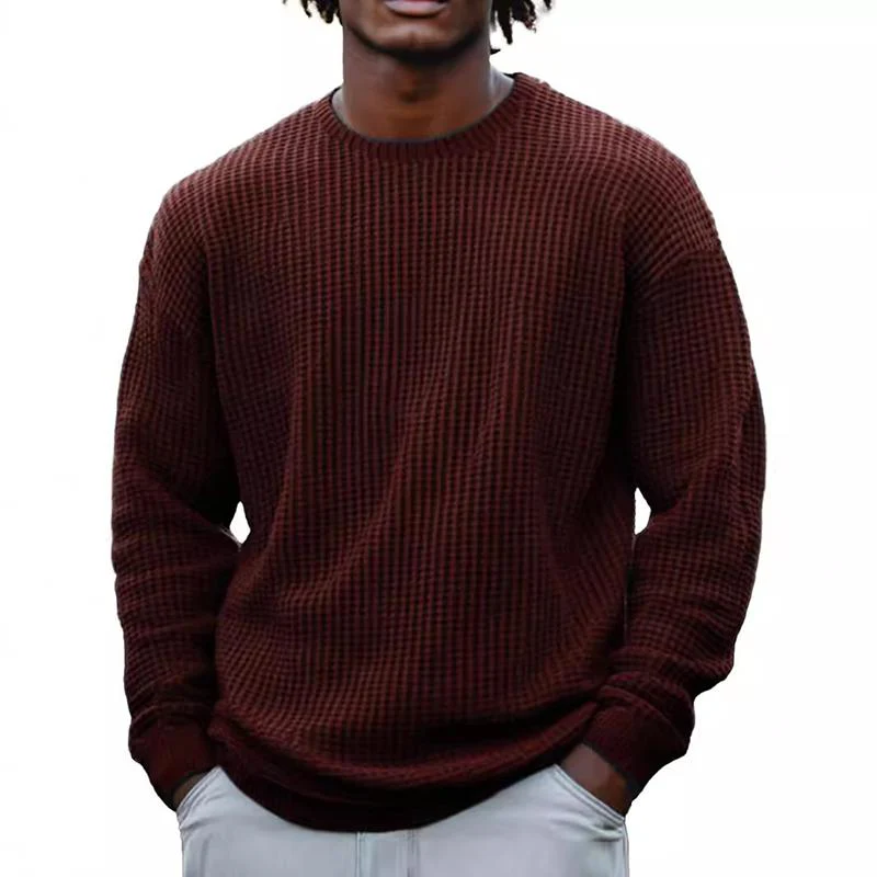 Men's Solid Color Waffle Rond Neck Long Sleeve Sweatshirt - Image 6