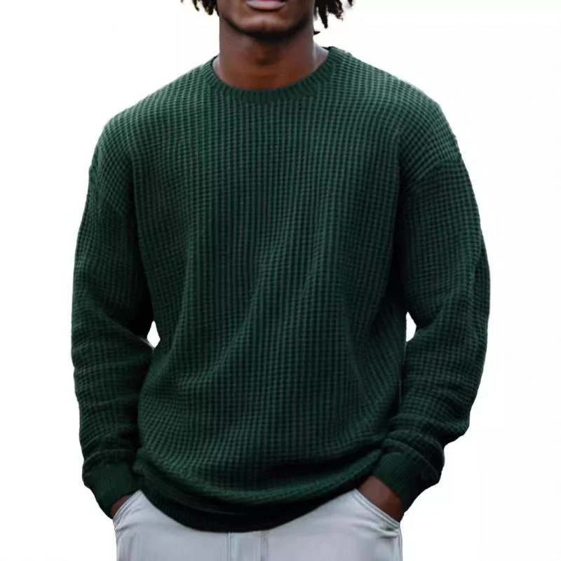 Men's Solid Color Waffle Rond Neck Long Sleeve Sweatshirt - Image 7