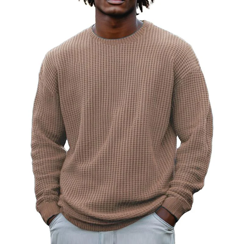 Men's Solid Color Waffle Rond Neck Long Sleeve Sweatshirt - Image 8