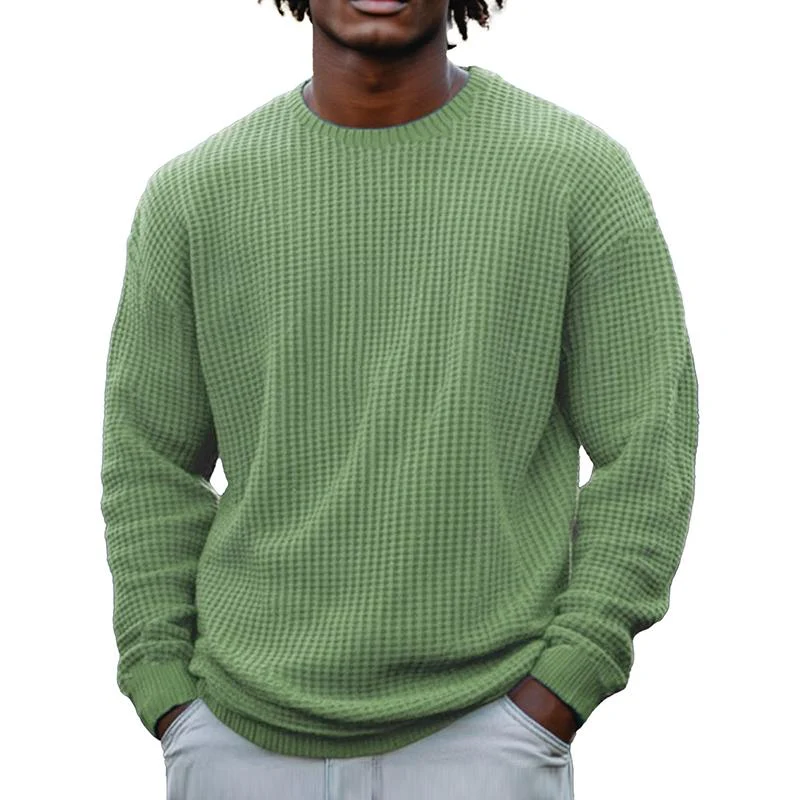 Men's Solid Color Waffle Rond Neck Long Sleeve Sweatshirt - Image 9