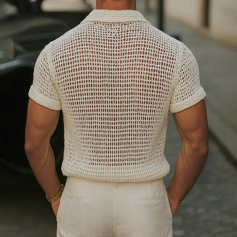 Men's Solid Colornit Lapel Short Sleeve Casal ShirtZ - Image 2