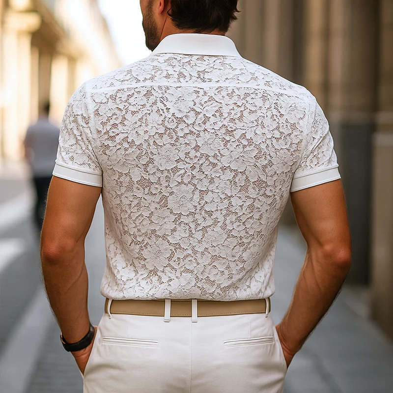Men's Solid Lace Lapel Short Sleeve Shirt - Image 3