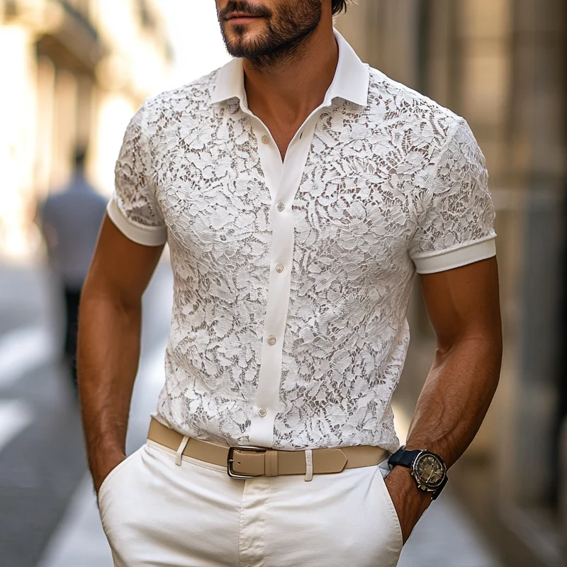 Men's Solid Lace Lapel Short Sleeve Shirt - Image 5