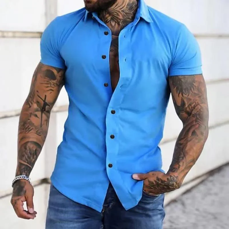 Men's Solid Lapel Short Sleeve Sports Fitness Shirt - Image 4