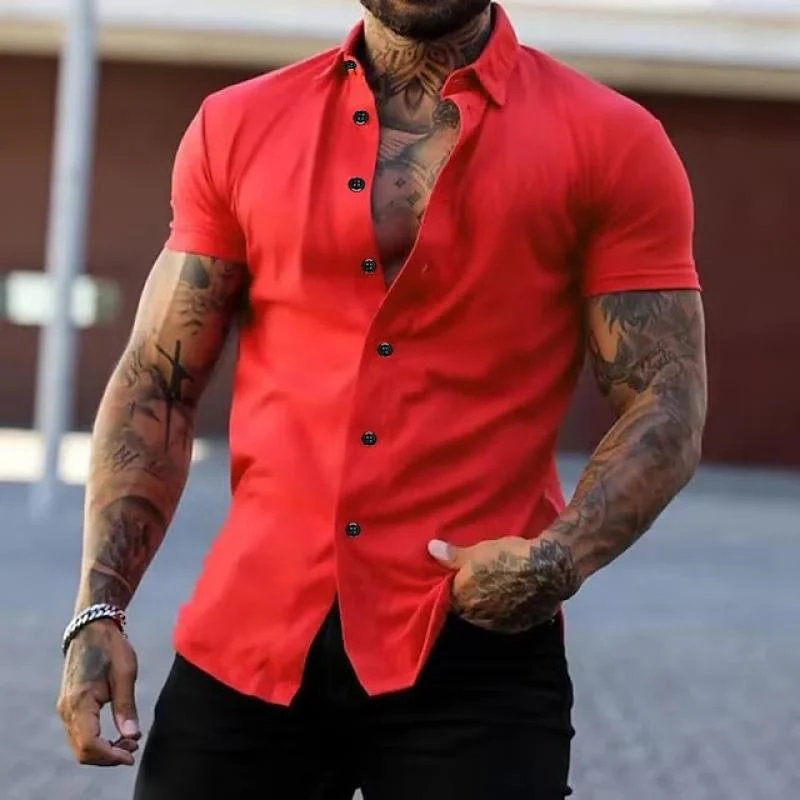 Men's Solid Lapel Short Sleeve Sports Fitness Shirt - Image 5
