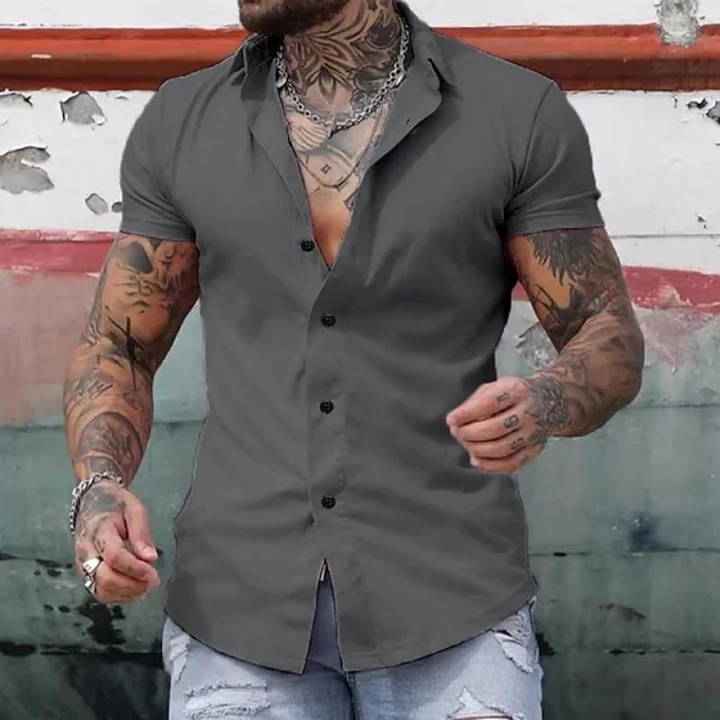 Men's Solid Lapel Short Sleeve Sports Fitness Shirt - Image 6